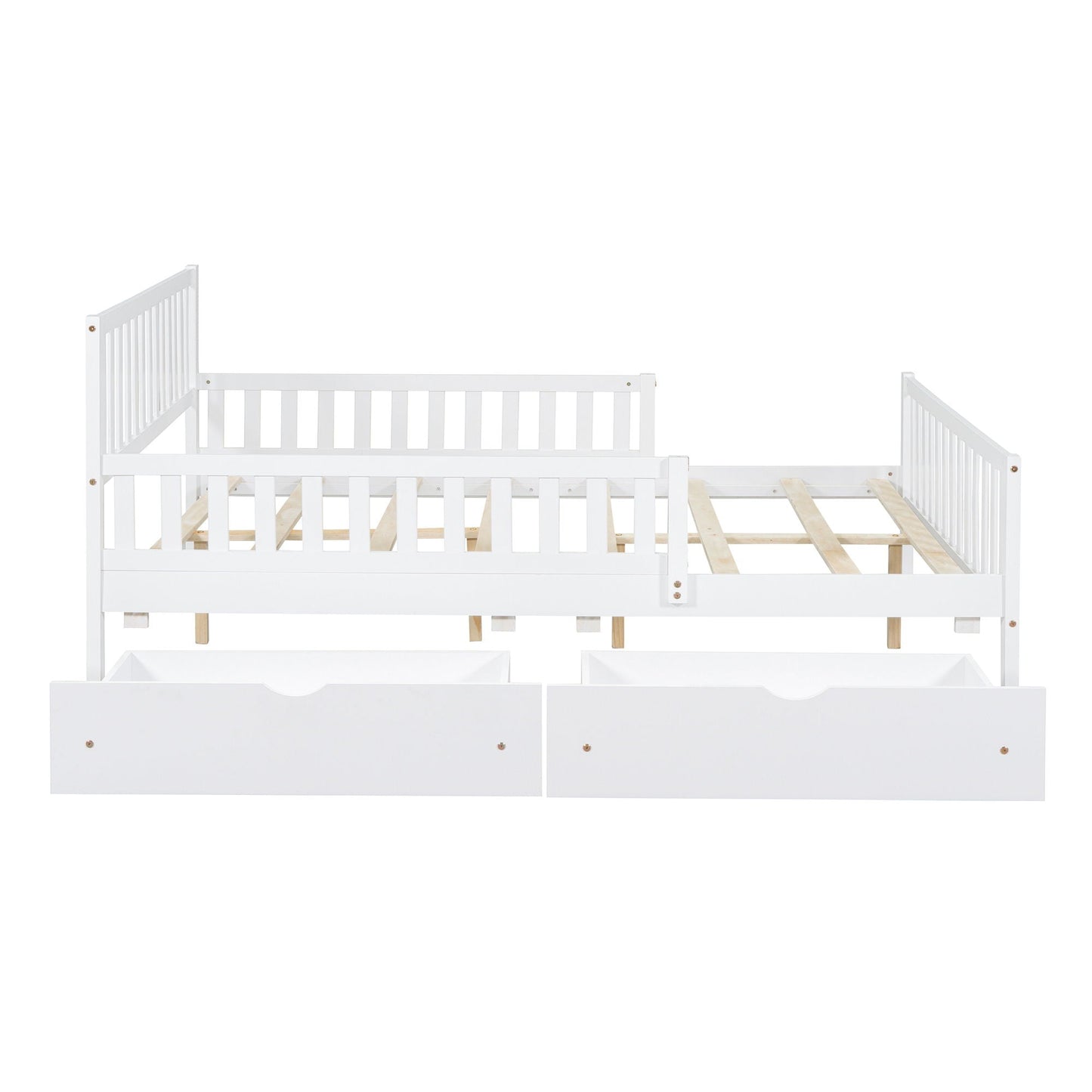 Platform bed with guardrails on both sides and 2 storage drawers, white wood, HouseOfZazla on Tampa Home & Garden Store