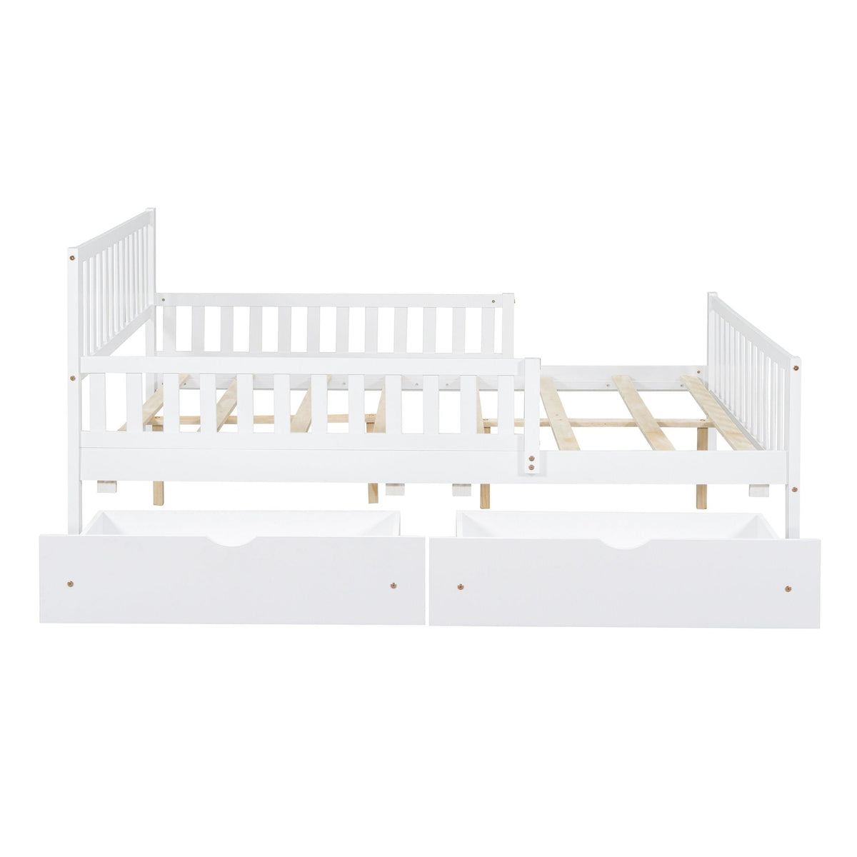 Platform bed with guardrails on both sides and 2 storage drawers, white wood, HouseOfZazla on Tampa Home & Garden Store