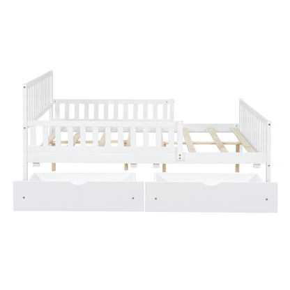 Platform bed with guardrails on both sides and 2 storage drawers, white wood, HouseOfZazla on Tampa Home & Garden Store
