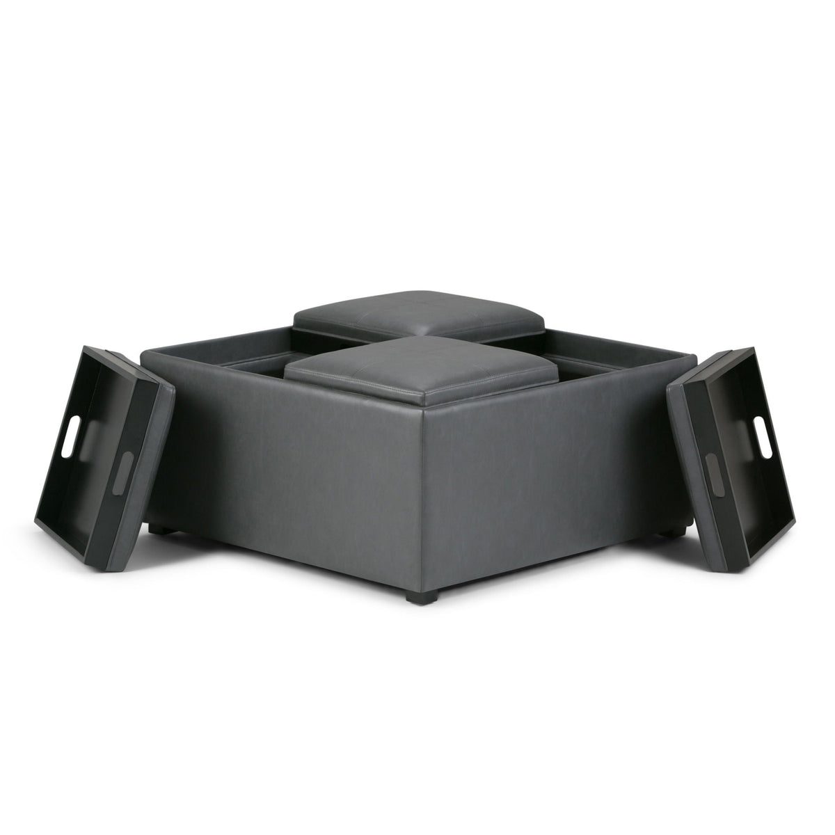Avalon Square Ottoman Coffee Table With Trays, black faux leather upholstery with built-in tray panels on Tampa Home & Garden Store