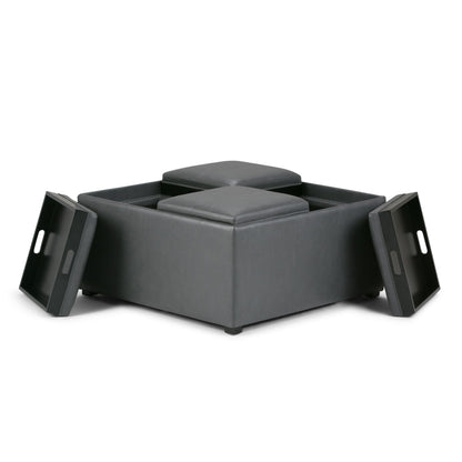 Avalon Square Ottoman Coffee Table With Trays, black faux leather upholstery with built-in tray panels on Tampa Home & Garden Store