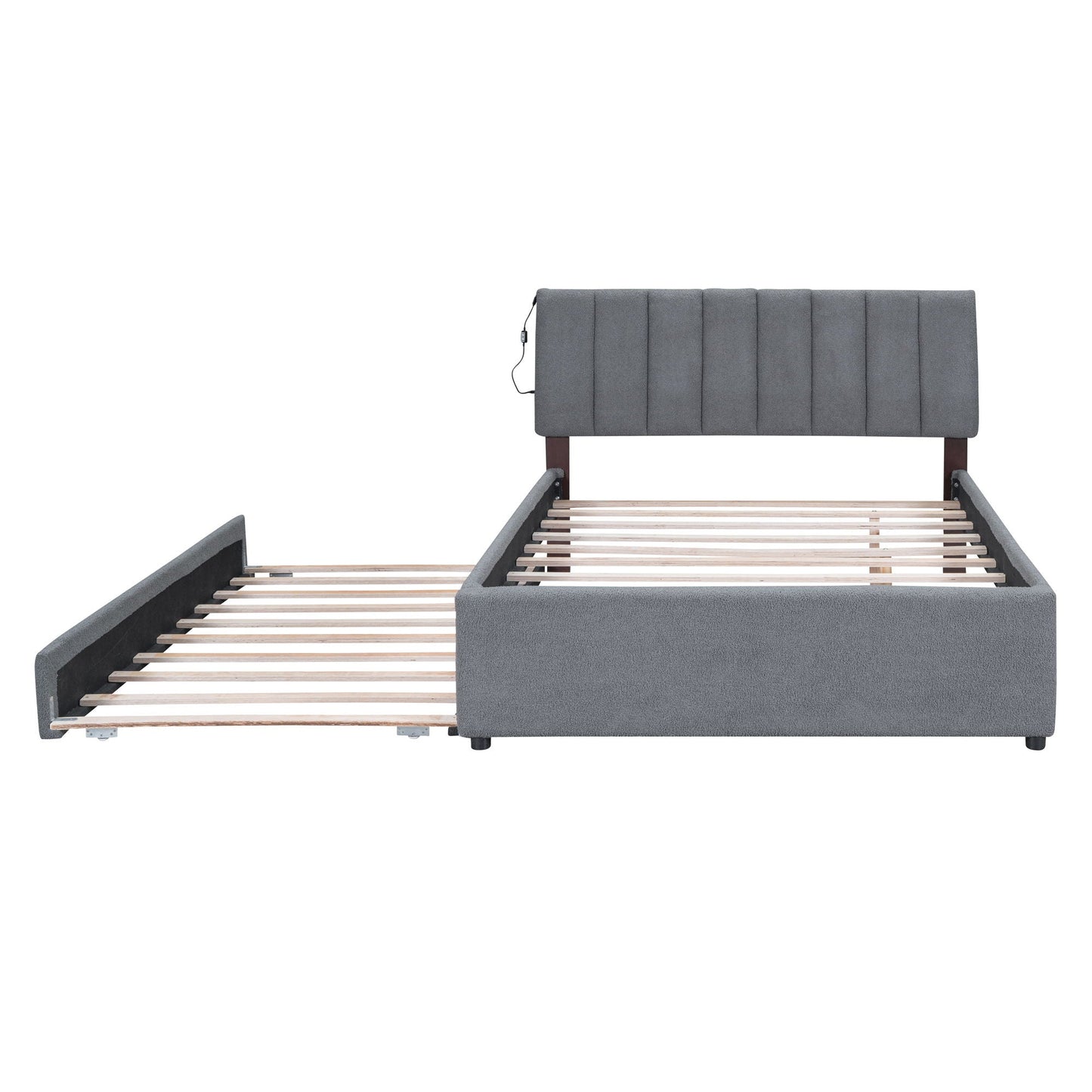 Upholstered platform bed with trundle in gray fabric by HouseOfZazla, slat-base frame on Tampa Home & Garden Store