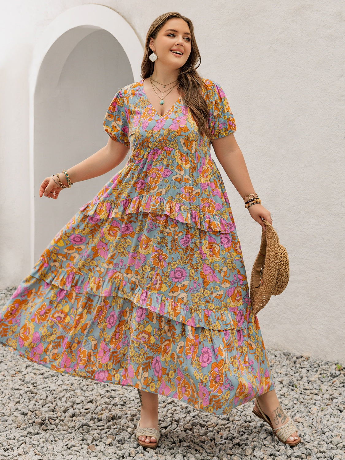Stevvex Plus Size Printed V-Neck Maxi Dress, short sleeves, floral print, tiered ruffle on Tampa Home & Garden Store