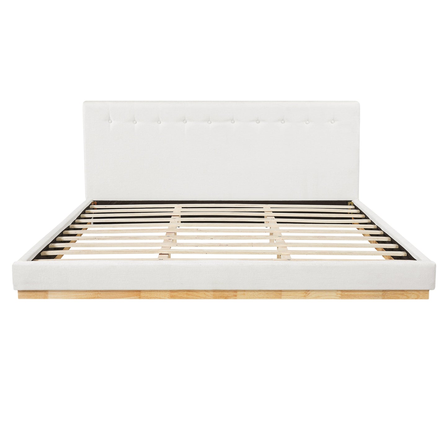 Solid rubber wood platform bed with white upholstered headboard and slat base by HouseOfZazla on Tampa Home & Garden Store