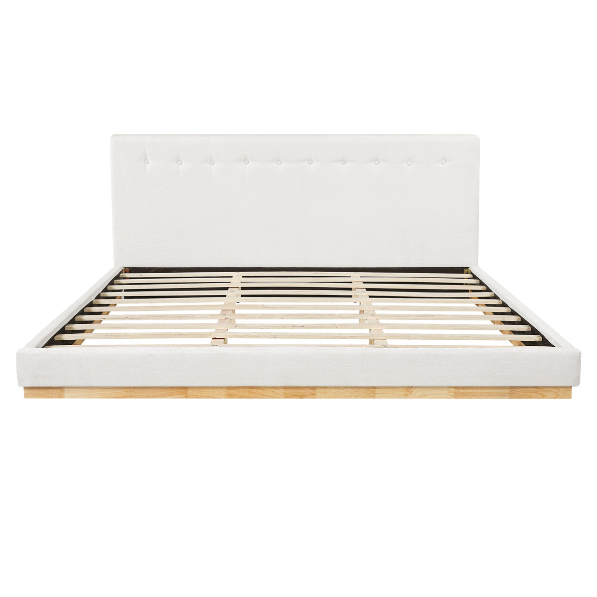 Solid rubber wood platform bed with white upholstered headboard and slat base by HouseOfZazla on Tampa Home & Garden Store