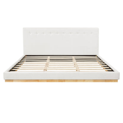 Solid rubber wood platform bed with white upholstered headboard and slat base by HouseOfZazla on Tampa Home & Garden Store