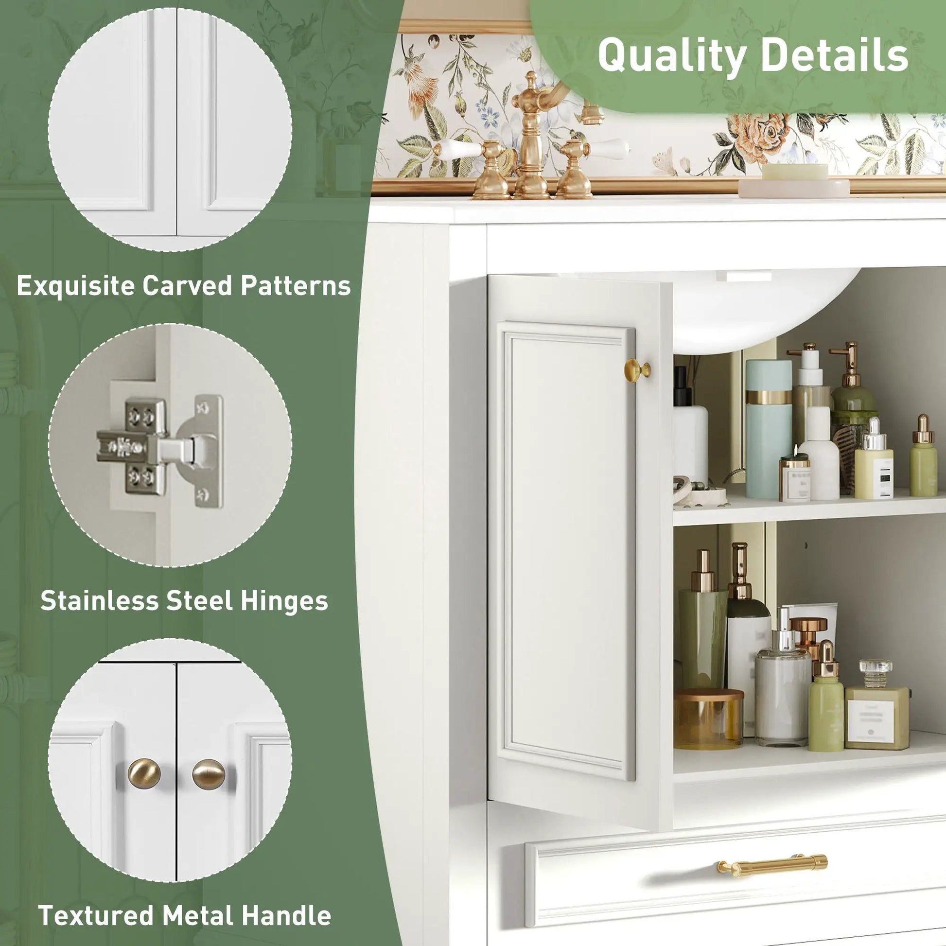 Bathroom vanity with sink by Unique Piece Furniture, white, 2 soft-close doors, adjustable shelf on Tampa Home & Garden Store