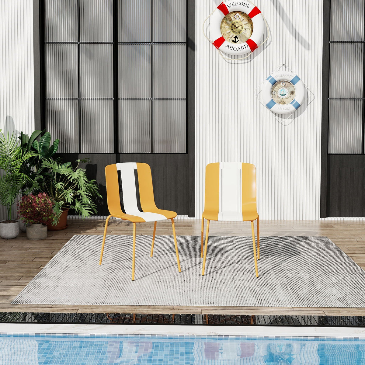 Modern striped blocking chairs set of 4 with waterproof yellow polypropylene seats by HouseOfZazla on Tampa Home & Garden Store