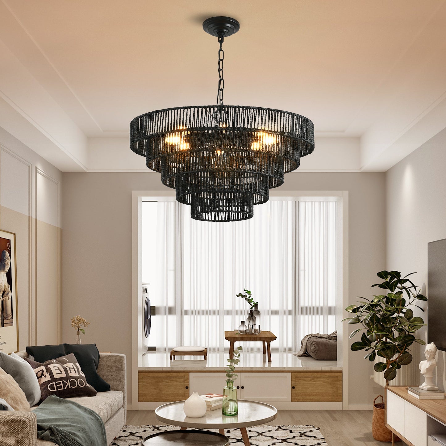 24-inch Rustic 5-Tier Black Hemp Rope Pendant Light Chandelier with black rope rings hanging from chain on Tampa Home & Garden Store