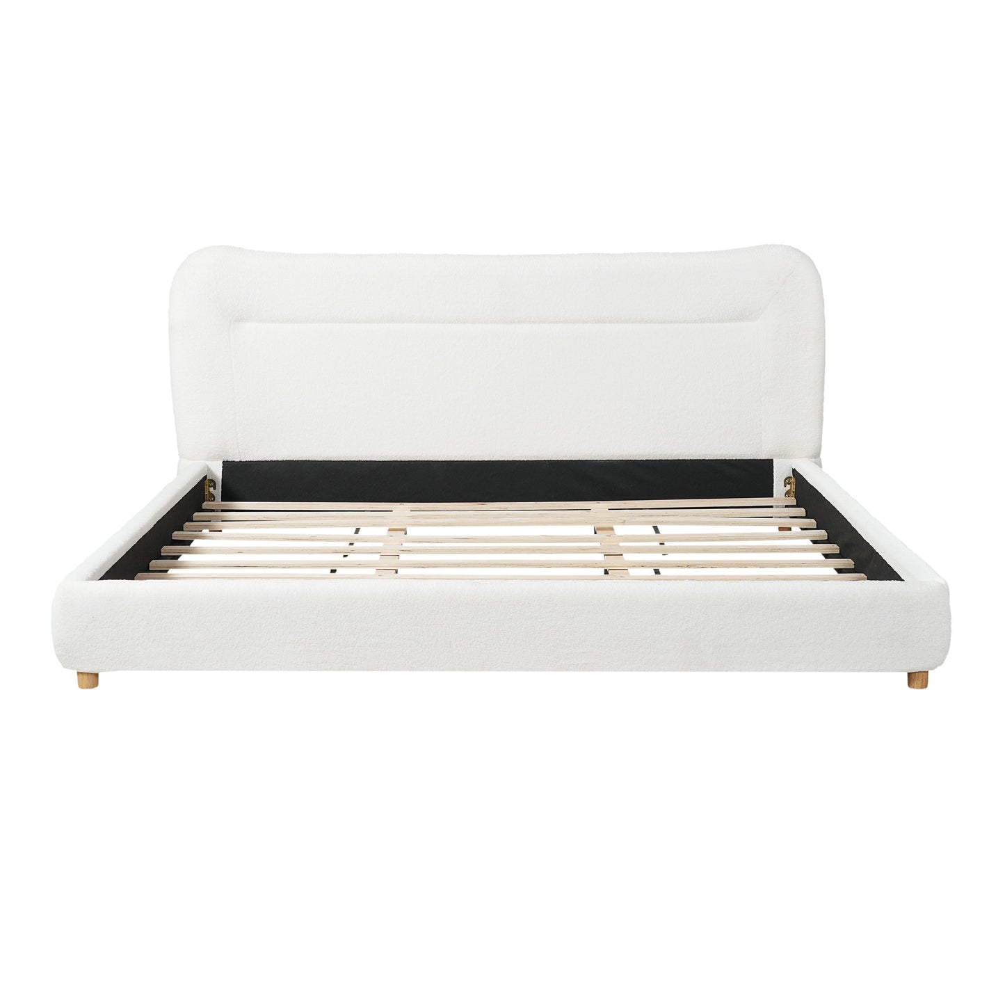 King bed with curved white teddy bear plush headboard and exposed slat base by HouseOfZazla on Tampa Home & Garden Store