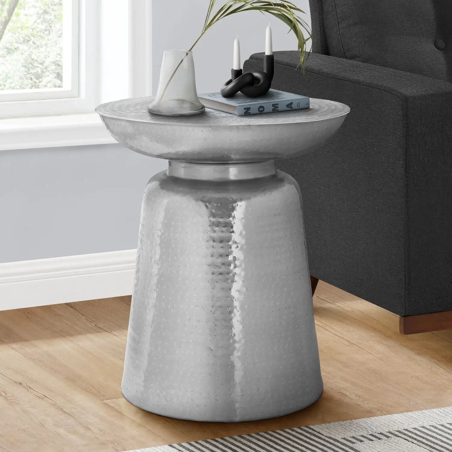Drum Accent Side Table hammered texture in metallic silver with top and dotted surface on Tampa Home & Garden Store