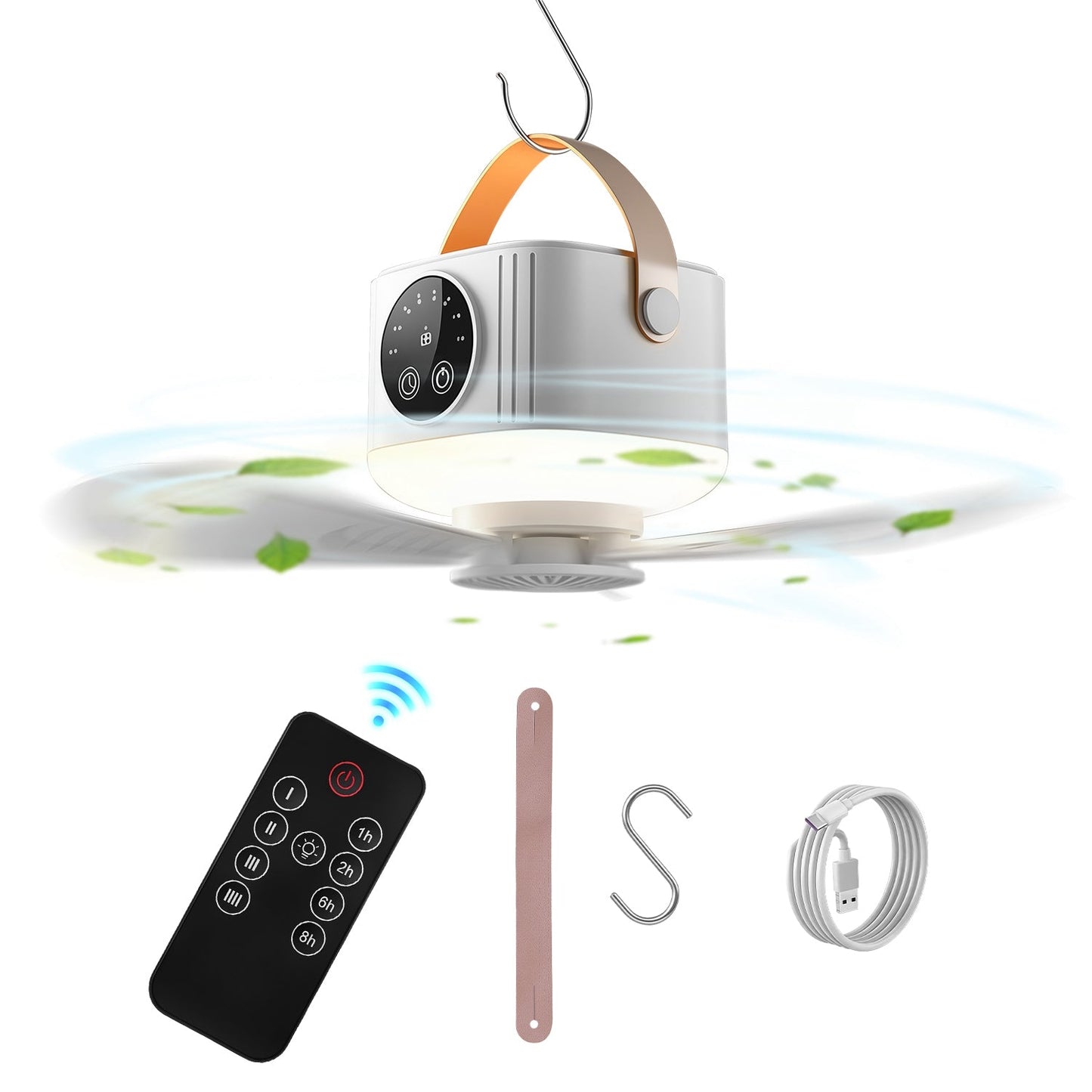 Rechargeable tent ceiling fan by GemGear with LED light, silver body and tan strap on Tampa Home & Garden Store