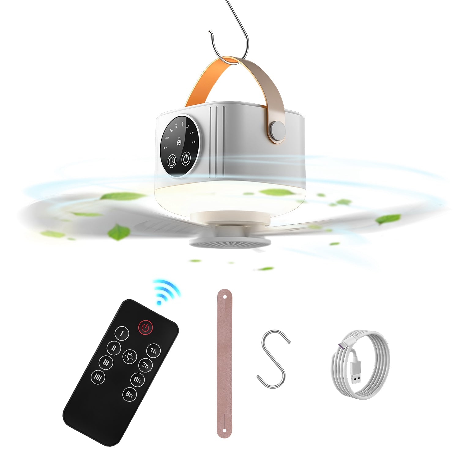 Rechargeable tent ceiling fan by GemGear with LED light, silver body and tan strap on Tampa Home & Garden Store