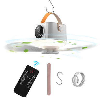 Rechargeable tent ceiling fan by GemGear with LED light, silver body and tan strap on Tampa Home & Garden Store
