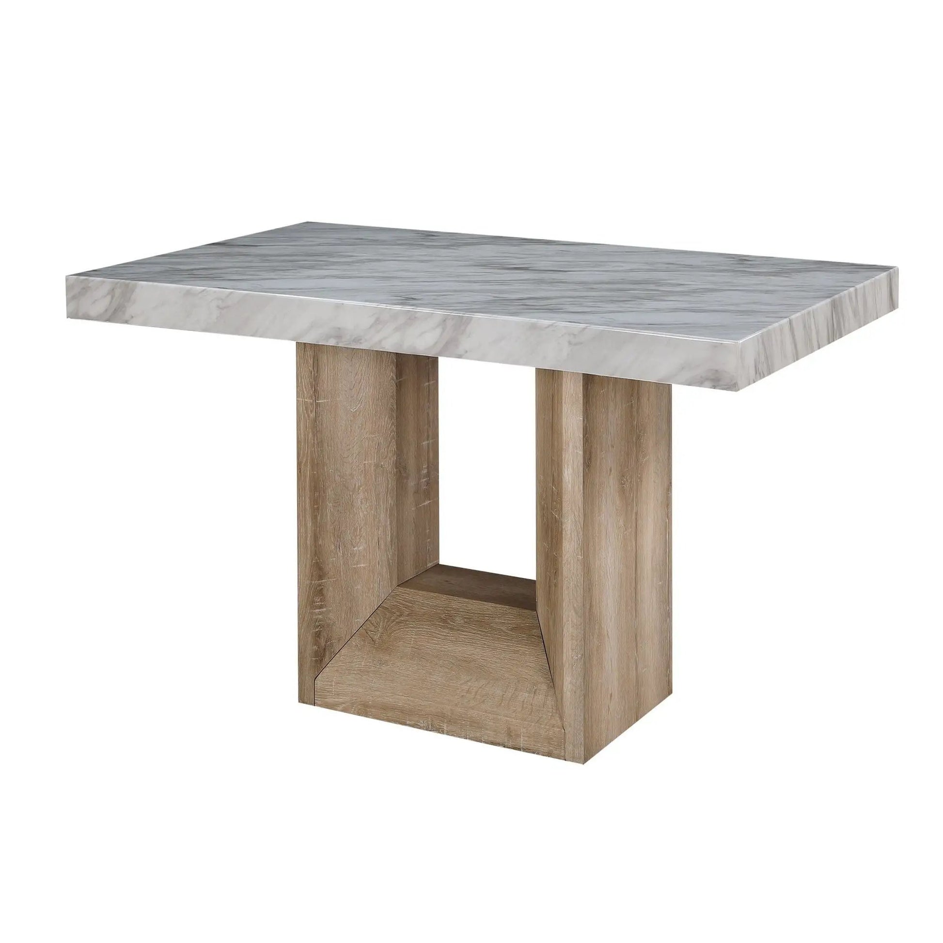 Sheena dining table with gray marble top and wooden block legs on Tampa Home & Garden Store