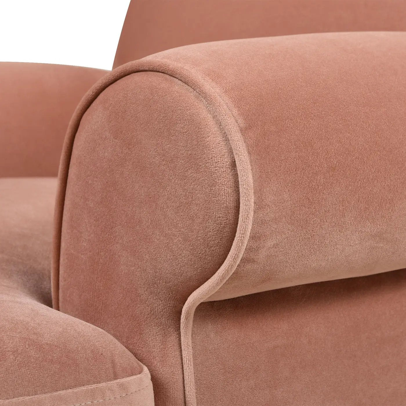 Alana Lawson accent arm chair pink velvet with rolled arm and piping on Tampa Home & Garden Store