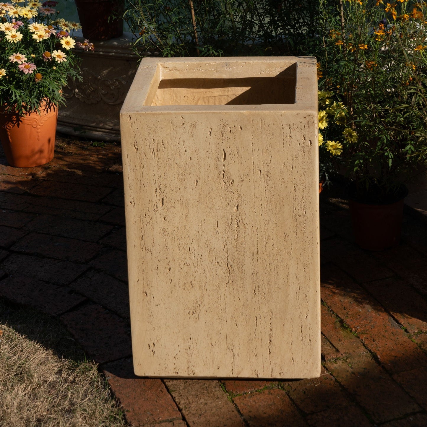 Modern Outdoor Planter beige stone-textured square planter by HouseOfZazla, empty open-top on Tampa Home & Garden Store