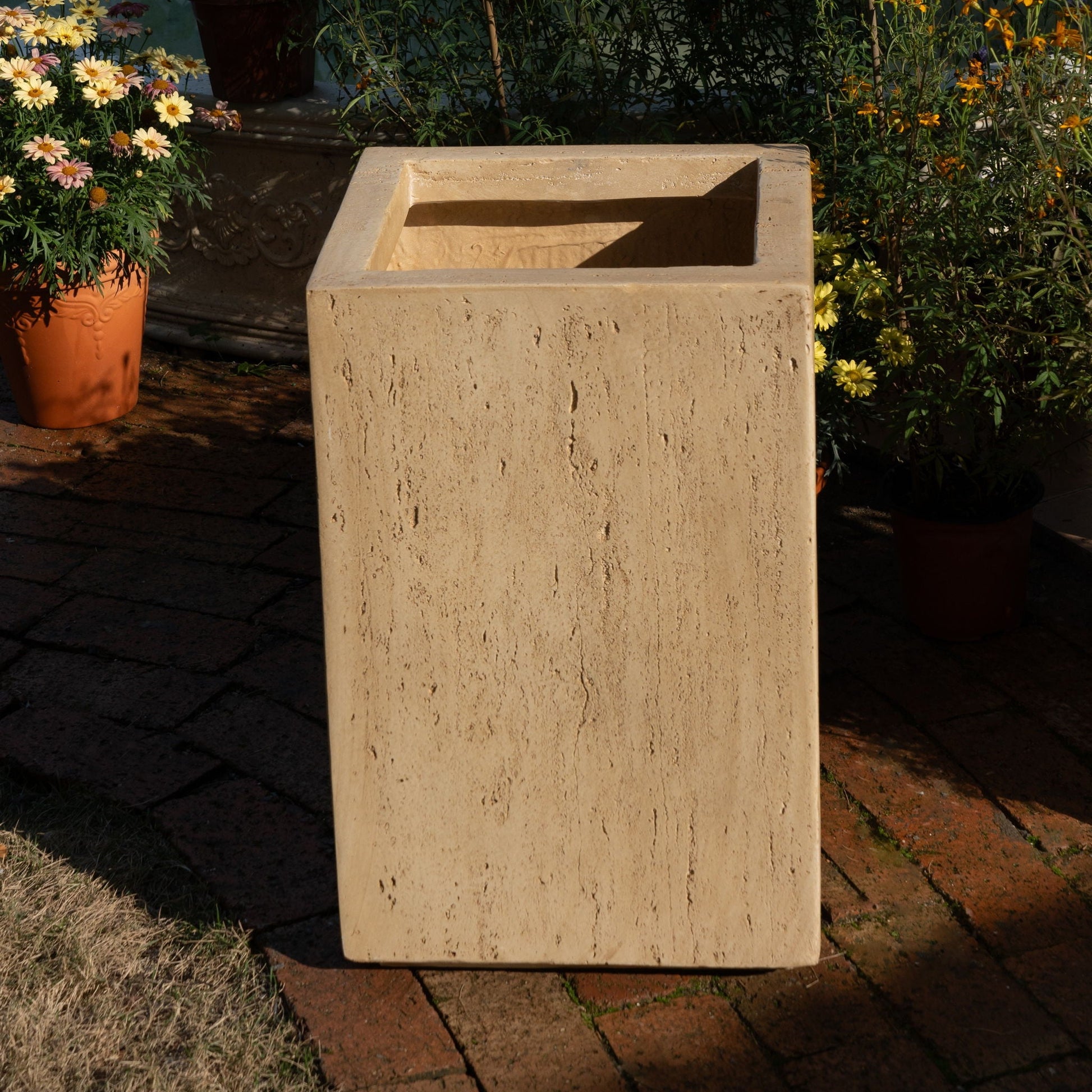 Modern Outdoor Planter beige stone-textured square planter by HouseOfZazla, empty open-top on Tampa Home & Garden Store