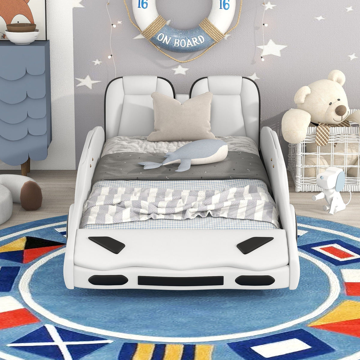Race car shaped twin platform bed with wheels, pine wood construction, HouseOfZazla on Tampa Home & Garden Store