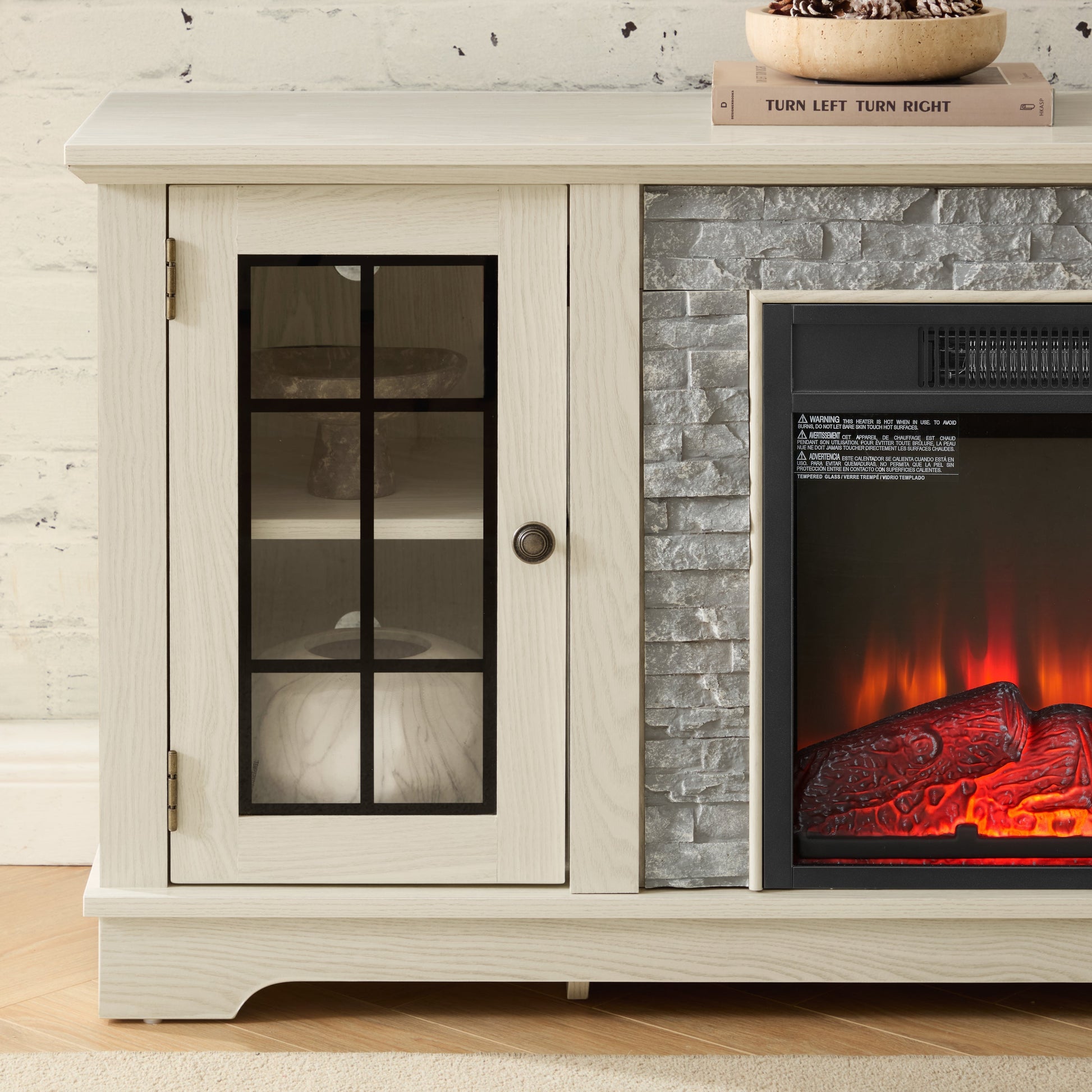 58in Modern TV Stand with Electric Fireplace and Storage glass-front cabinet HouseOfZazla on Tampa Home & Garden Store