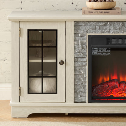 58in Modern TV Stand with Electric Fireplace and Storage glass-front cabinet HouseOfZazla on Tampa Home & Garden Store