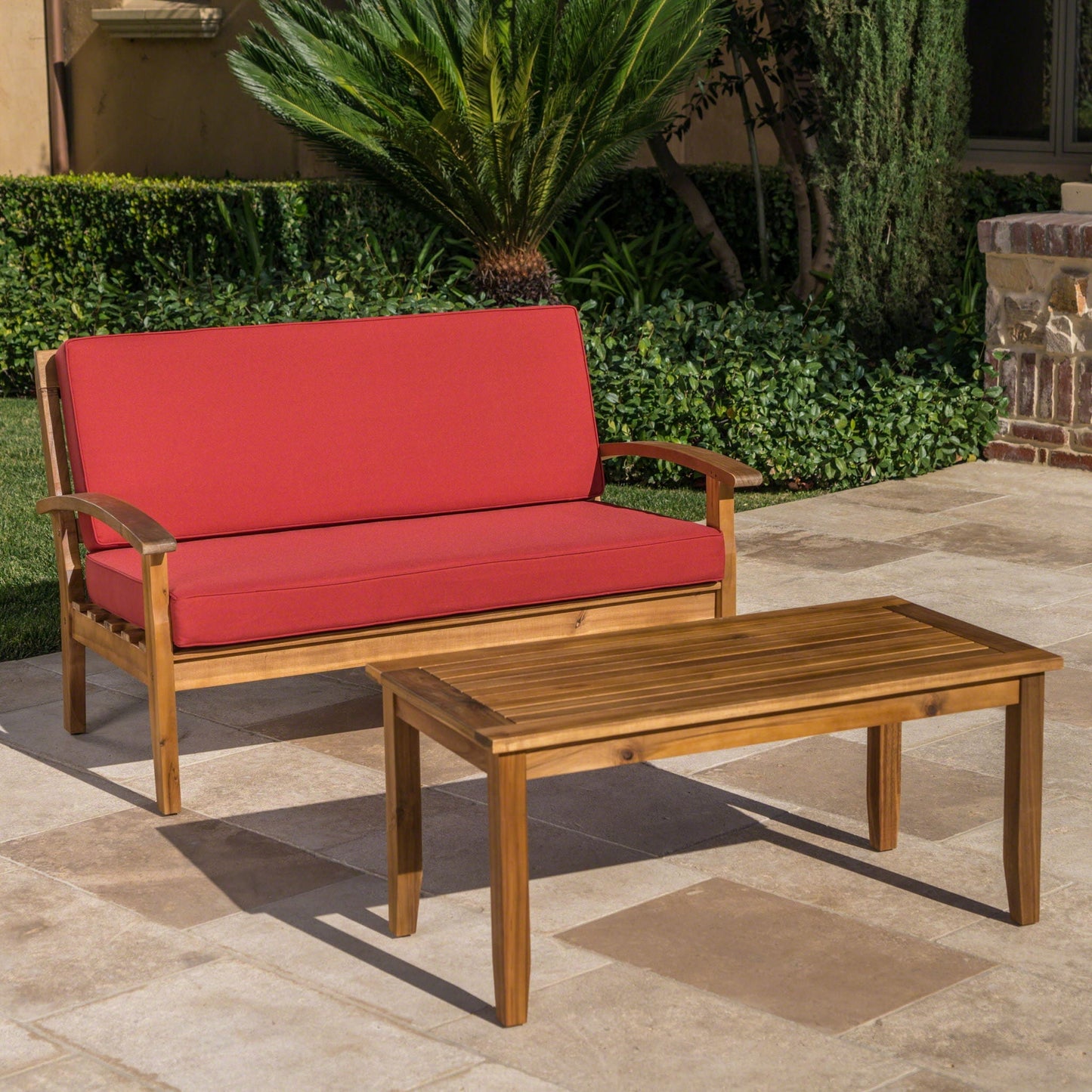 Outdoor 2-piece chat set loveseat and coffee table with red cushions in wood by HouseOfZazla on Tampa Home & Garden Store