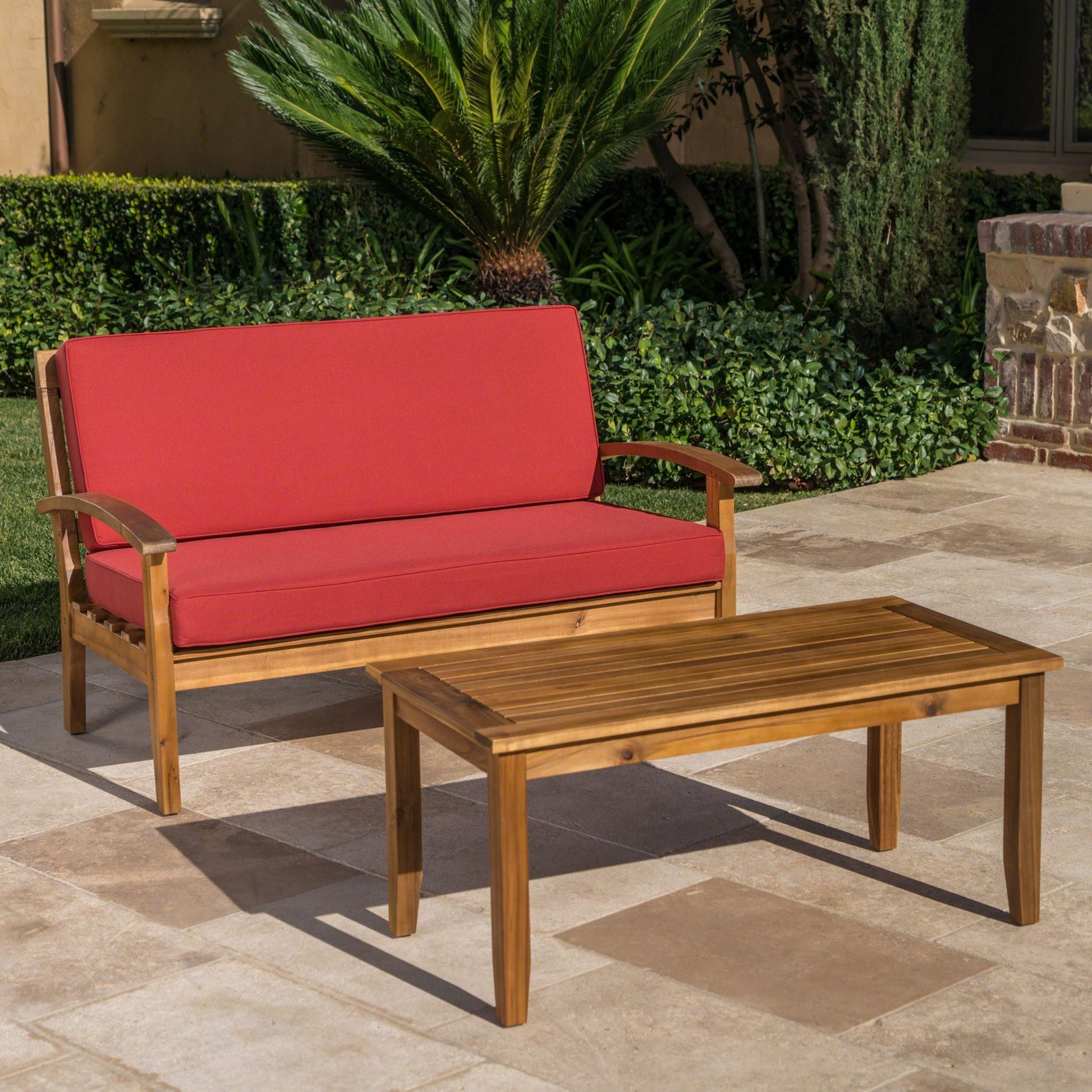 Outdoor 2-piece chat set loveseat and coffee table with red cushions in wood by HouseOfZazla on Tampa Home & Garden Store