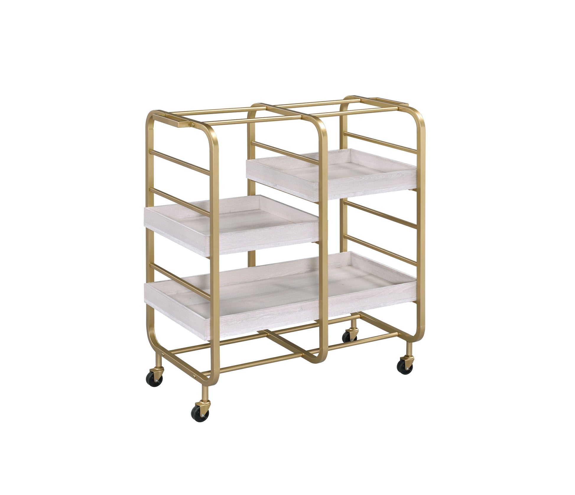 Vorrik gold & white washed finish serving cart with two light wood shelves, gold metal frame, caster wheels HouseOfZazla on Tampa Home & Garden Store