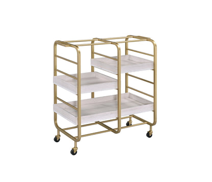 Vorrik gold & white washed finish serving cart with two light wood shelves, gold metal frame, caster wheels HouseOfZazla on Tampa Home & Garden Store