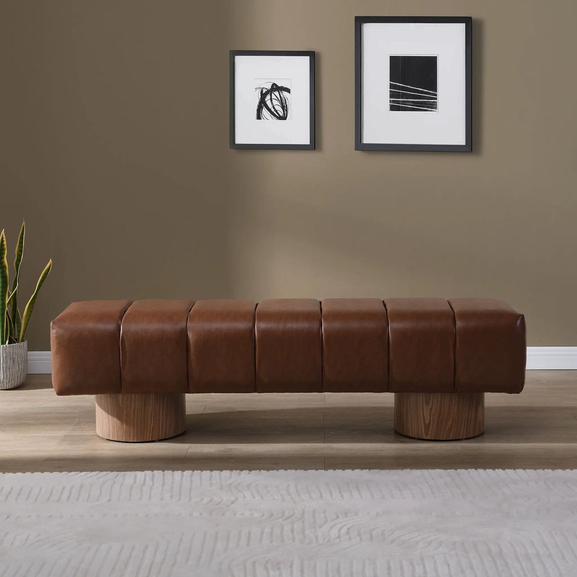 Upholstered dining bench brown leather with round wooden legs, Unique Piece Furniture, dining room on Tampa Home & Garden Store
