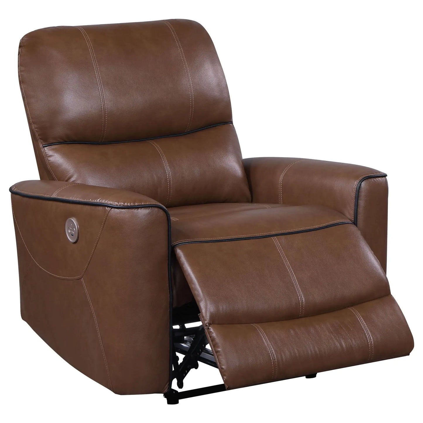 Denson recliner chair brown leather with USB charging, smooth button recline, side control on Tampa Home & Garden Store