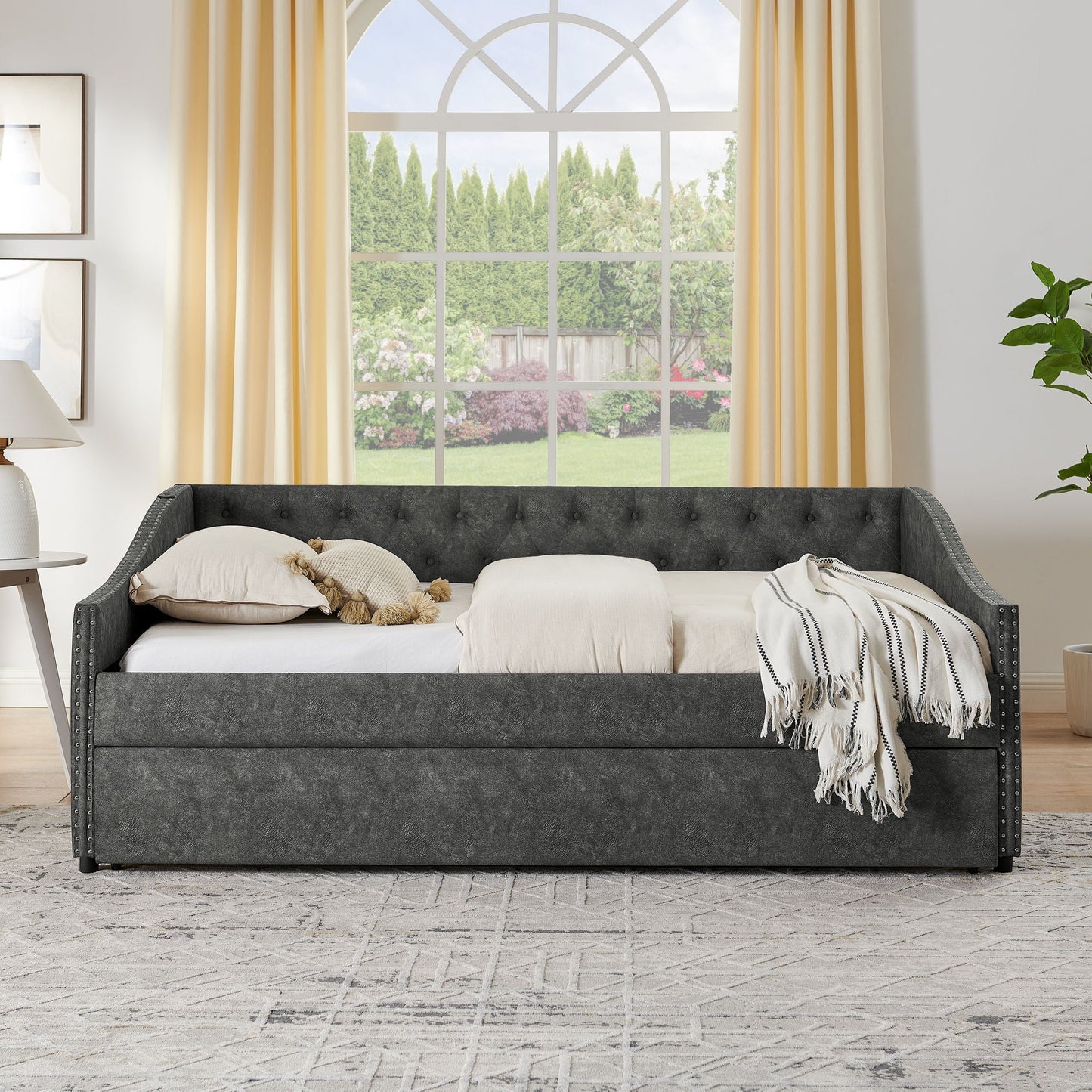 Upholstered Daybed With USB Charging & Pull Out Bed in dark gray fabric on Tampa Home & Garden Store