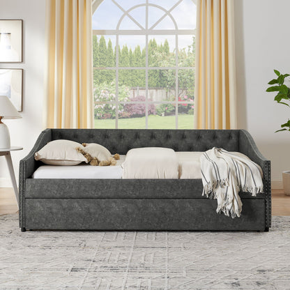 Upholstered Daybed With USB Charging & Pull Out Bed in dark gray fabric on Tampa Home & Garden Store