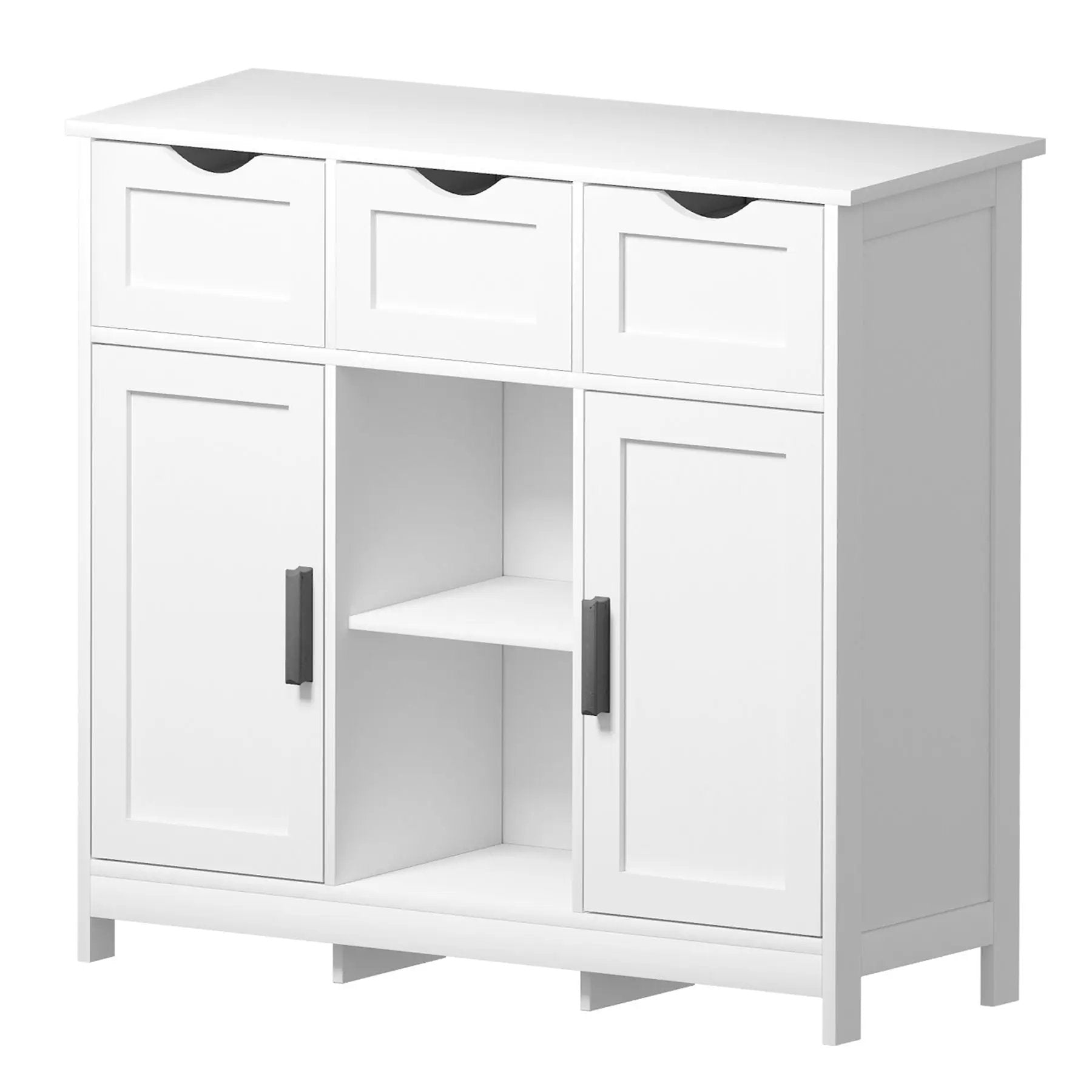 White storage cabinet with three top drawers and open middle shelf by Unique Piece Furniture on Tampa Home & Garden Store