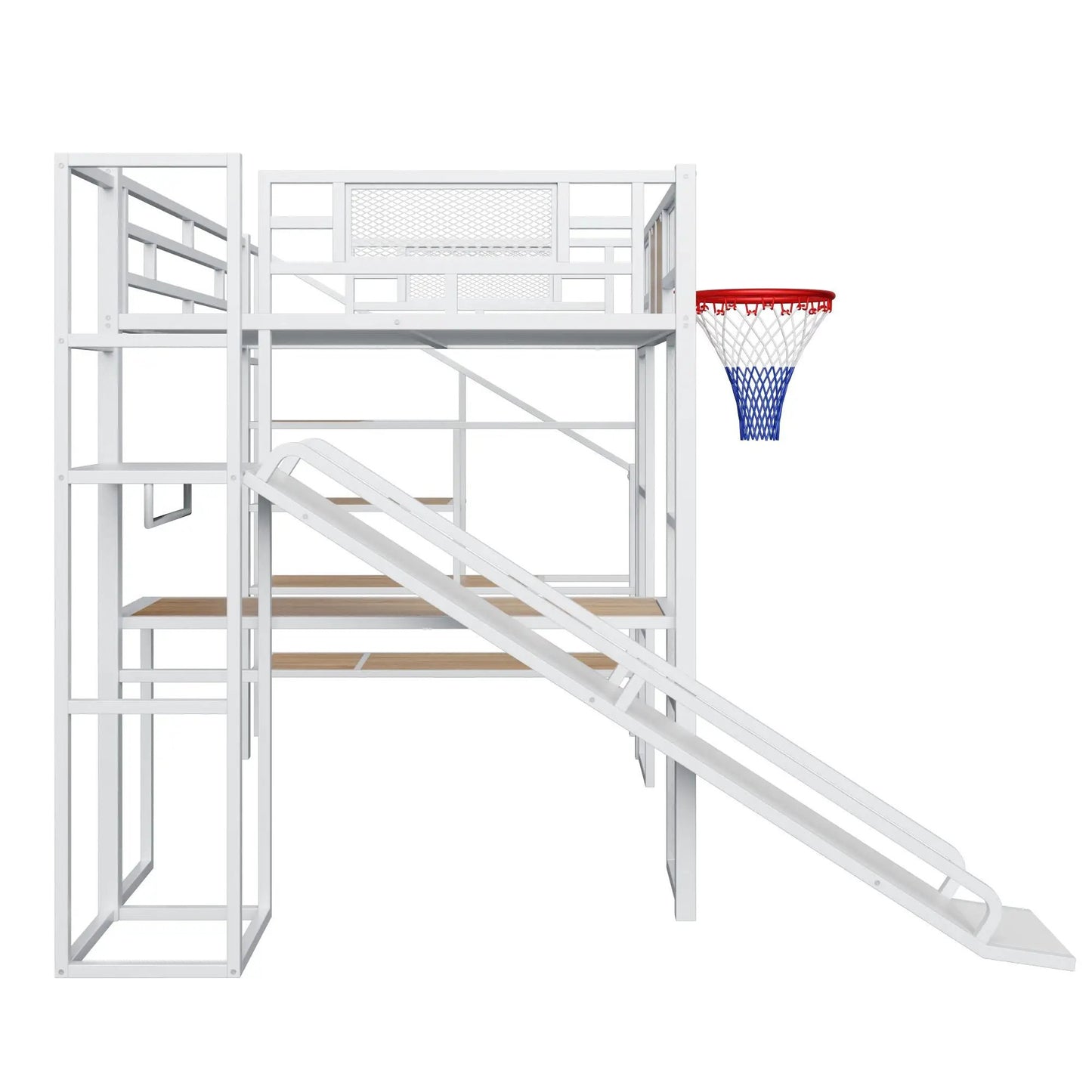 Loft bed with built-in desk, open wardrobe, basketball hoop and slide in white metal frame on Tampa Home & Garden Store