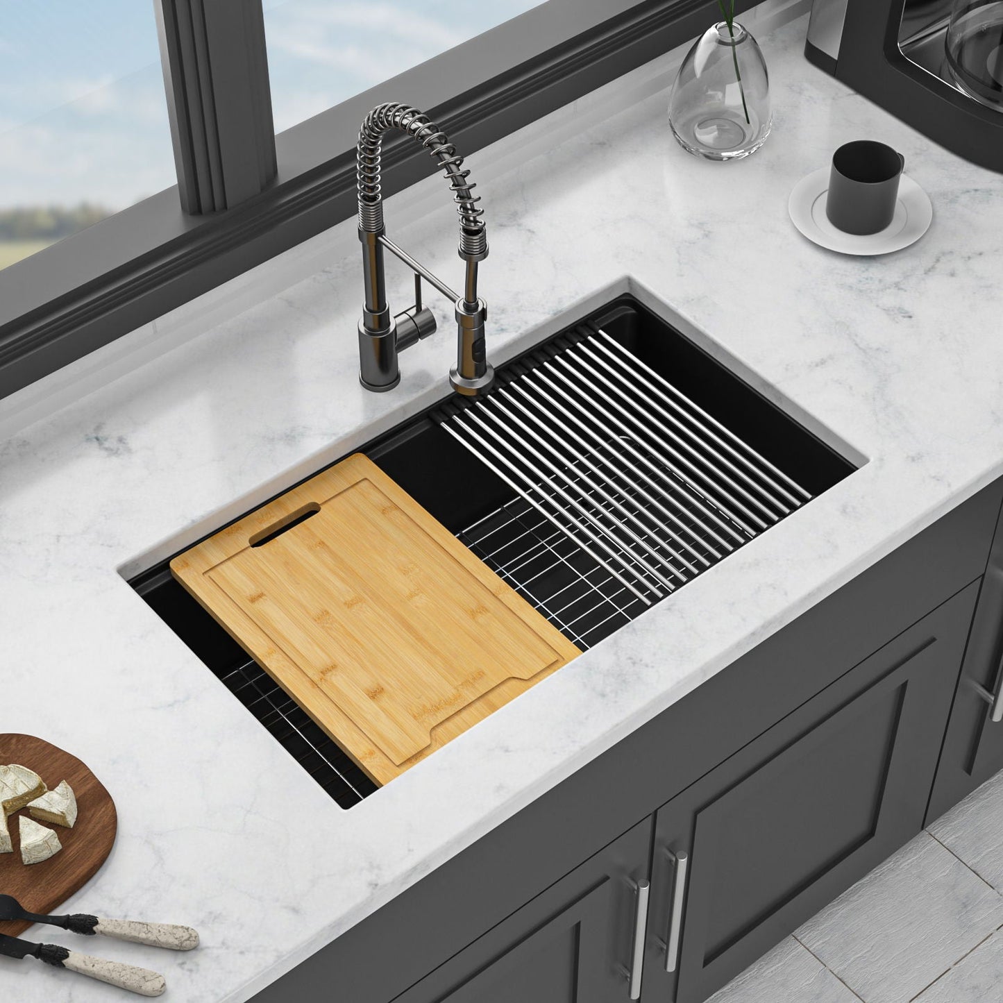 Quartz kitchen sink with granite workstation undermount, black basin and spring faucet on Tampa Home & Garden Store