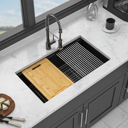 Quartz kitchen sink with granite workstation undermount, black basin and spring faucet on Tampa Home & Garden Store