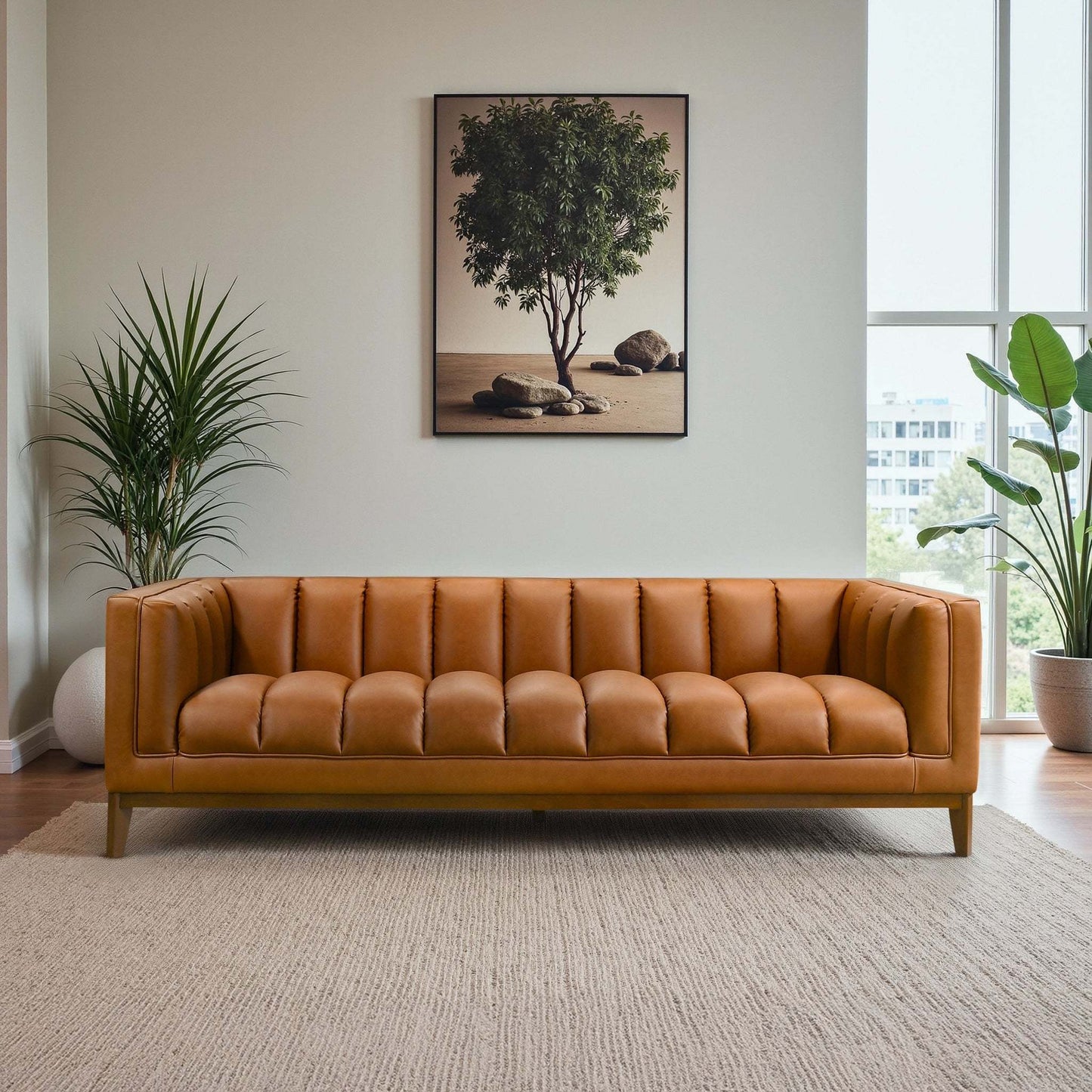 Melissa Mid-Century Cognac Vegan Leather Modern Sofa with tufted cushions by HouseOfZazla on Tampa Home & Garden Store