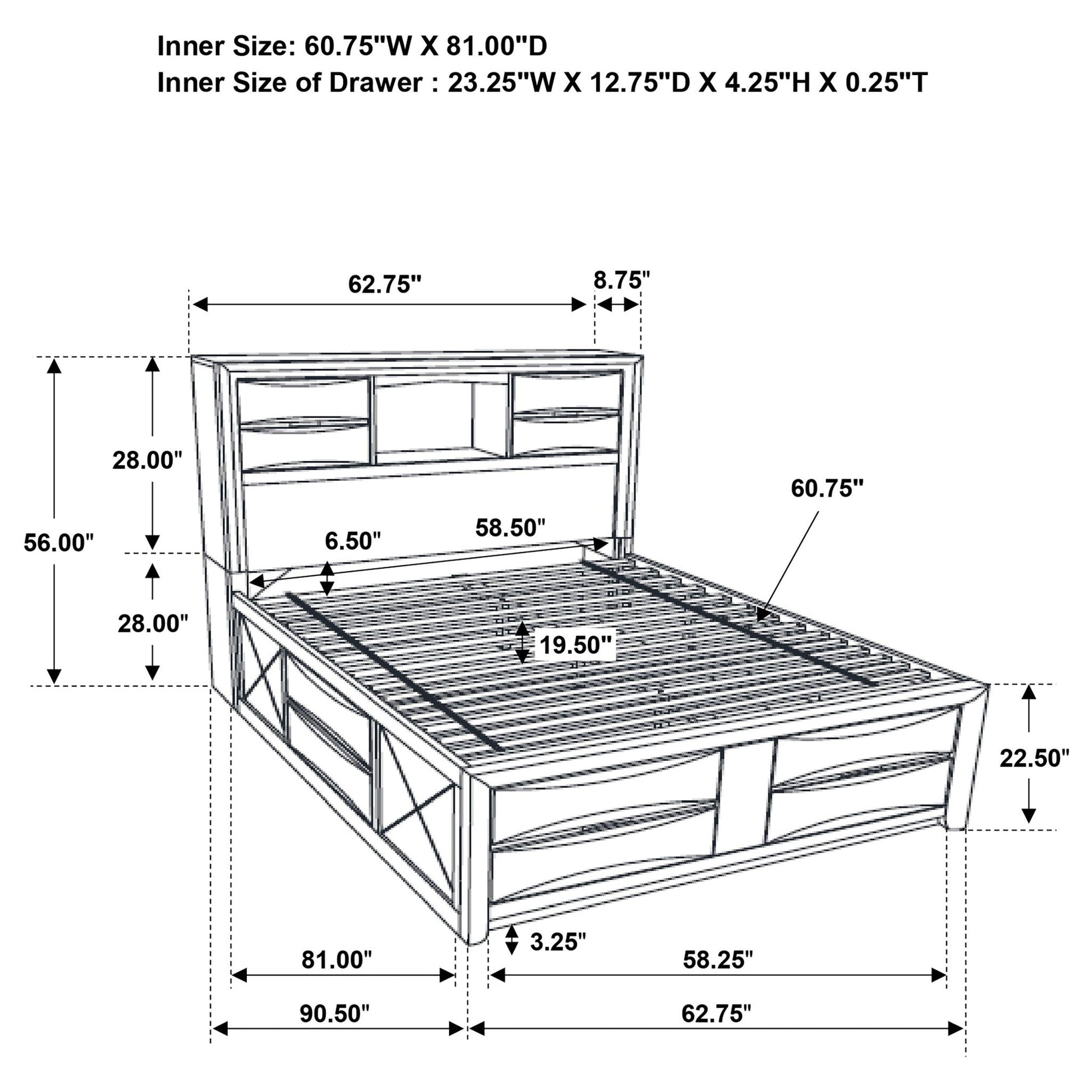 Jazz Storage Bed; schematic shows headboard storage and under-bed drawers 62.75W x 81.00D on Tampa Home & Garden Store