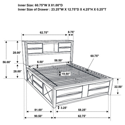 Jazz Storage Bed; schematic shows headboard storage and under-bed drawers 62.75W x 81.00D on Tampa Home & Garden Store