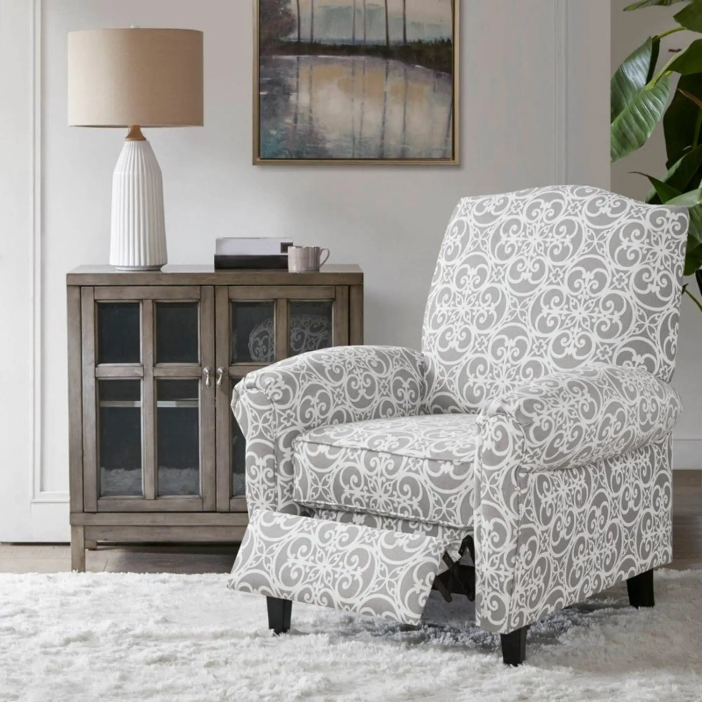 Kirby Push Back Recliner by Unique Piece Furniture, damask upholstery in living room on Tampa Home & Garden Store