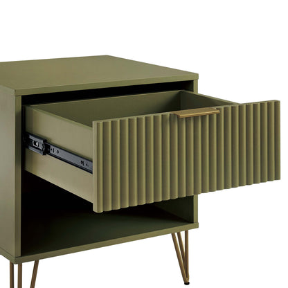 Modern nightstand with fluted drawer front, olive green finish and gold metal handle on Tampa Home & Garden Store