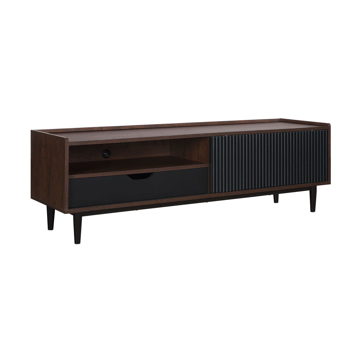 Fluted TV Stand with Sliding Door, dark wood finish, ribbed black panel, HouseOfZazla on Tampa Home & Garden Store