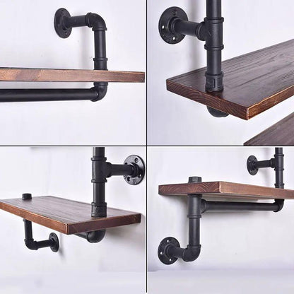 Industrial American country solid wood wall shelf with black iron pipe brackets and towel rack on Tampa Home & Garden Store