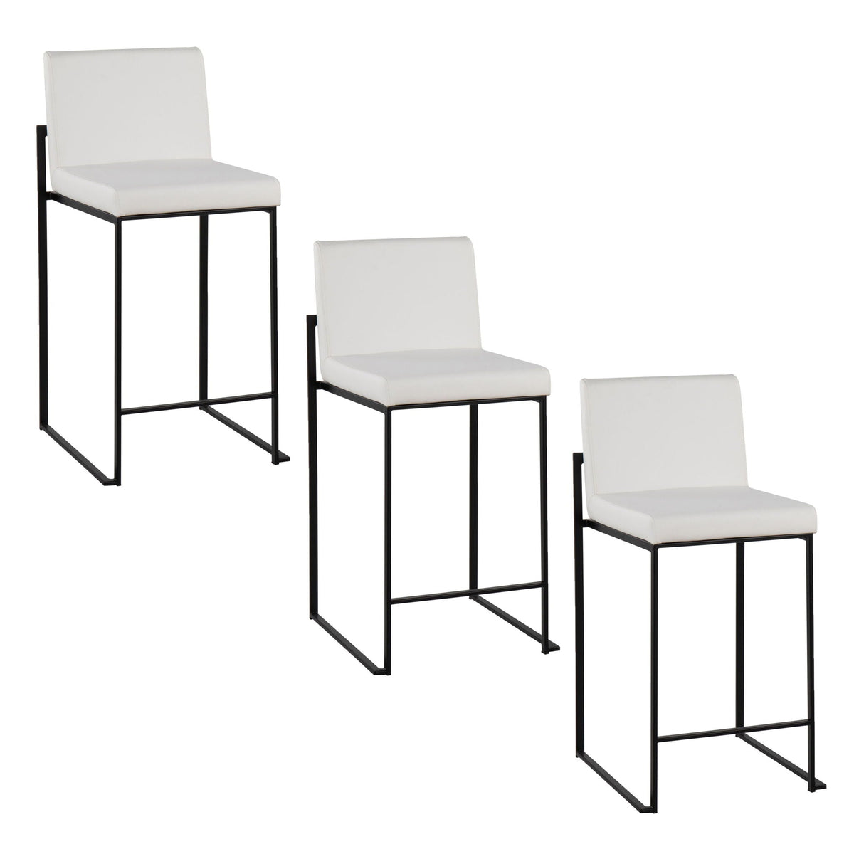 Fuji high back counter stool set, white upholstered seats with black metal frames, 4 stools on Tampa Home & Garden Store