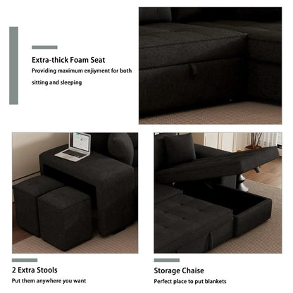 Modern L-Shape 3-Seat sectional sofa with storage chaise and 2 stools, fabric on Tampa Home & Garden Store