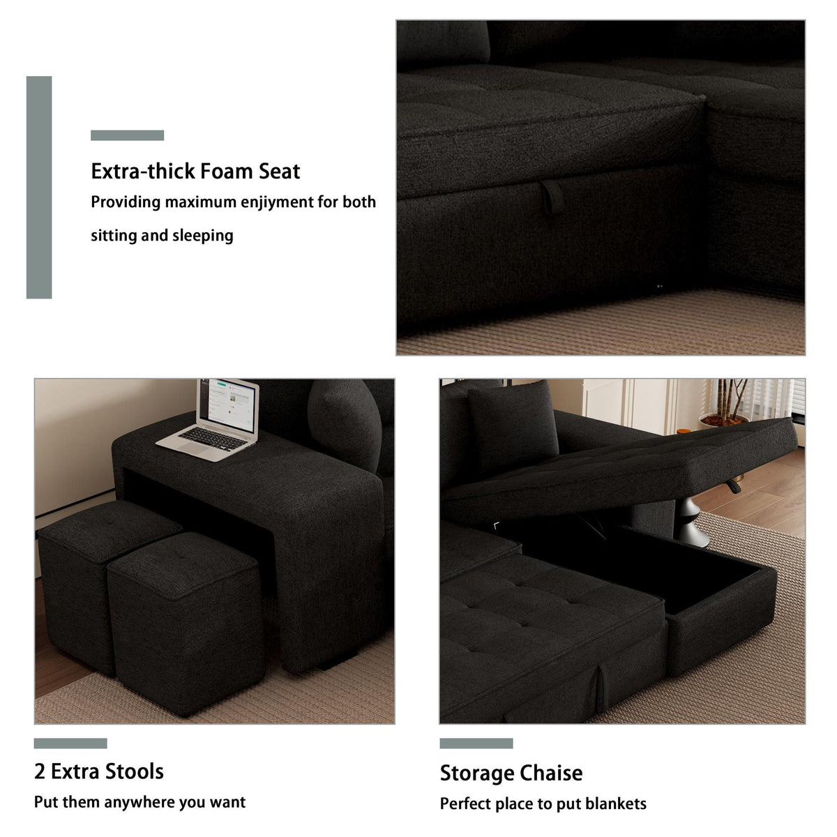 Modern L-shaped sleeper sectional with storage chaise and 2 stools in dark gray fabric on Tampa Home & Garden Store