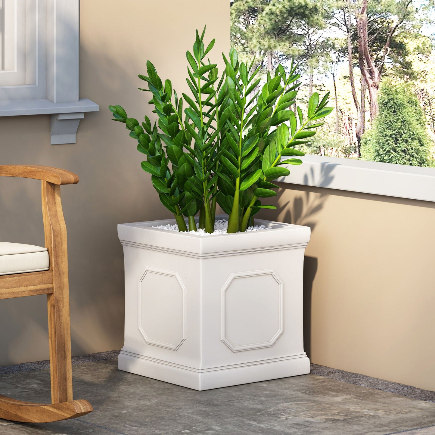 Durable Planter white ceramic planter with panels housing lush green shrub on patio on Tampa Home & Garden Store