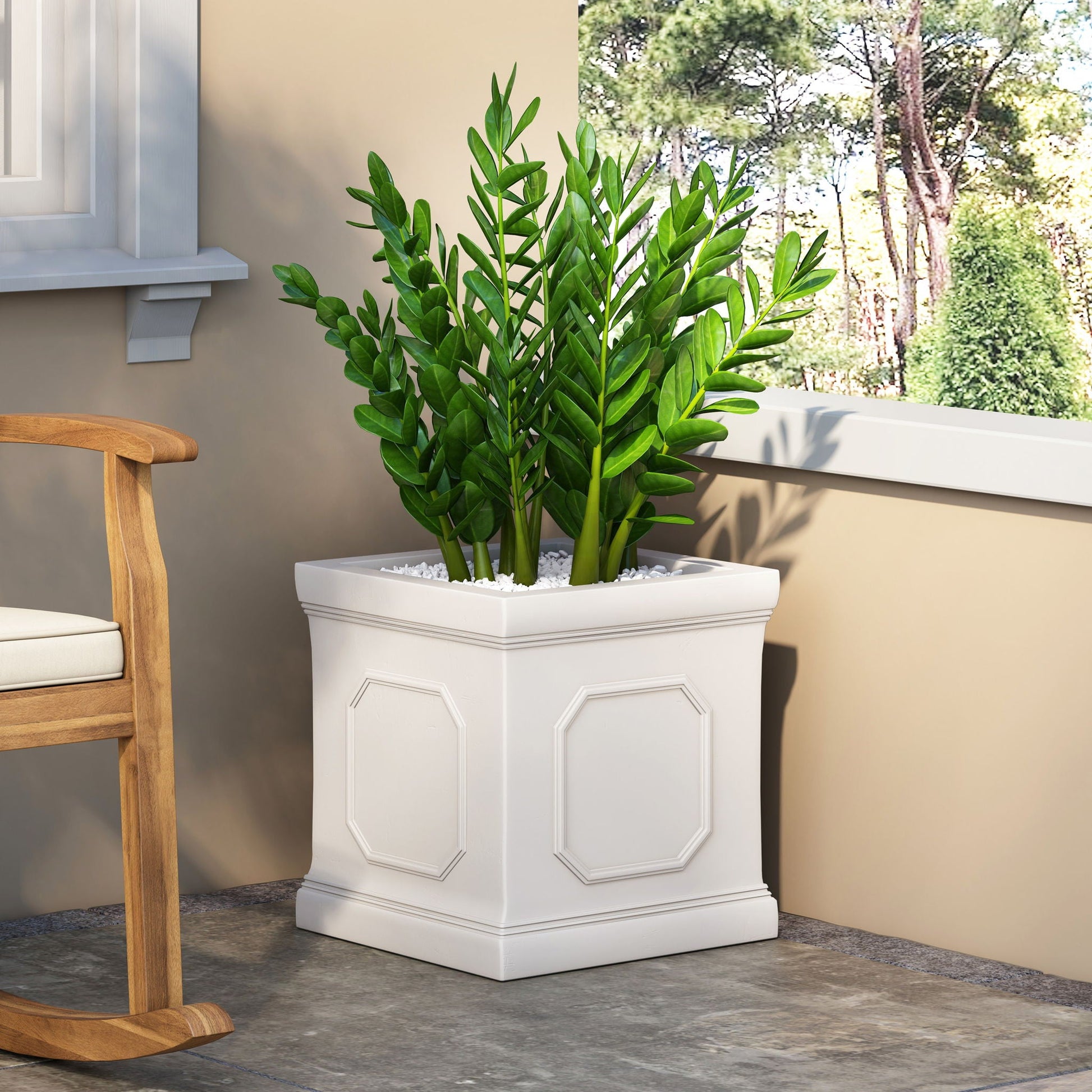 Durable Planter white ceramic planter with panels housing lush green shrub on patio on Tampa Home & Garden Store