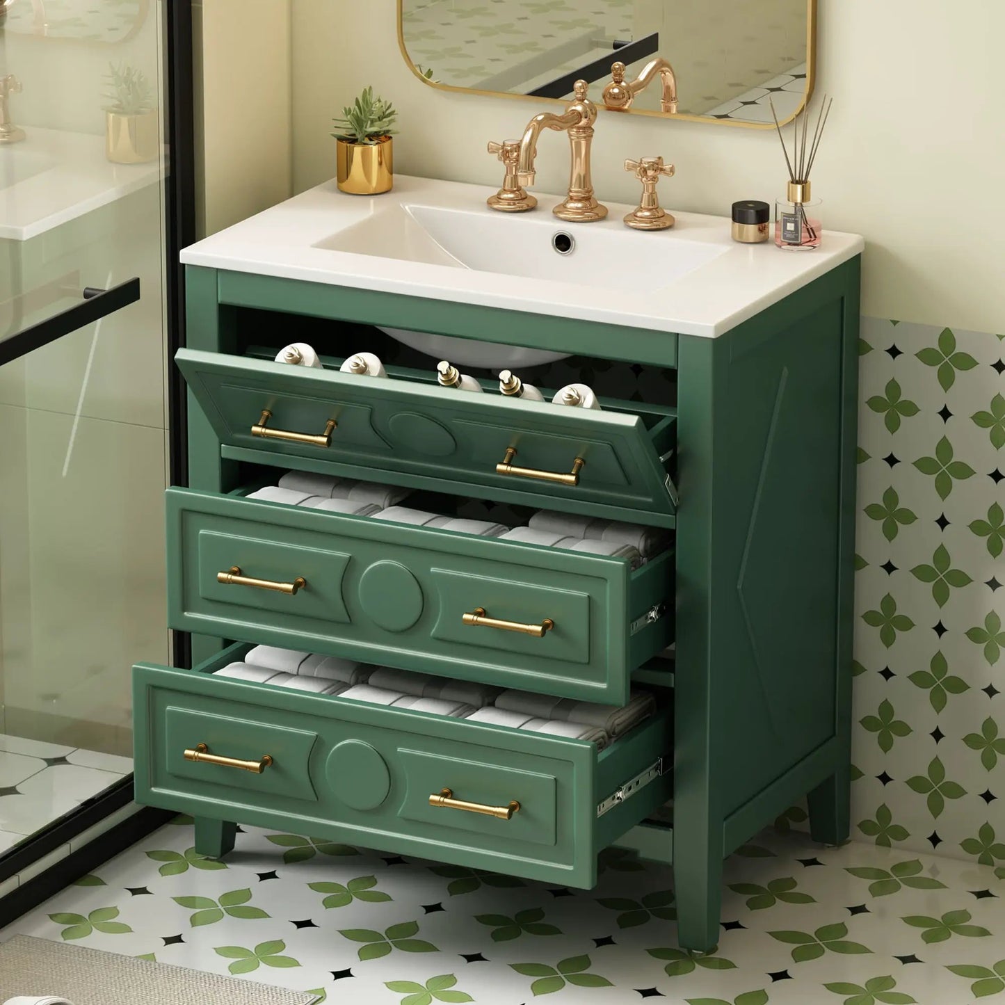 Retro bathroom vanity with sink, green cabinet, 3 drawers, white countertop, rose-gold fixtures on Tampa Home & Garden Store